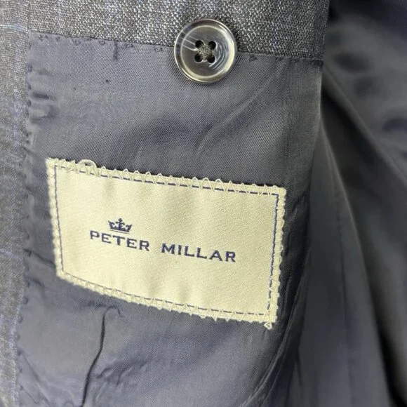 Peter Millar Suit Jacket Mens 48R Blue Gray Plaid 100% Wool 2 Button Blazer - Picture 7 of 13